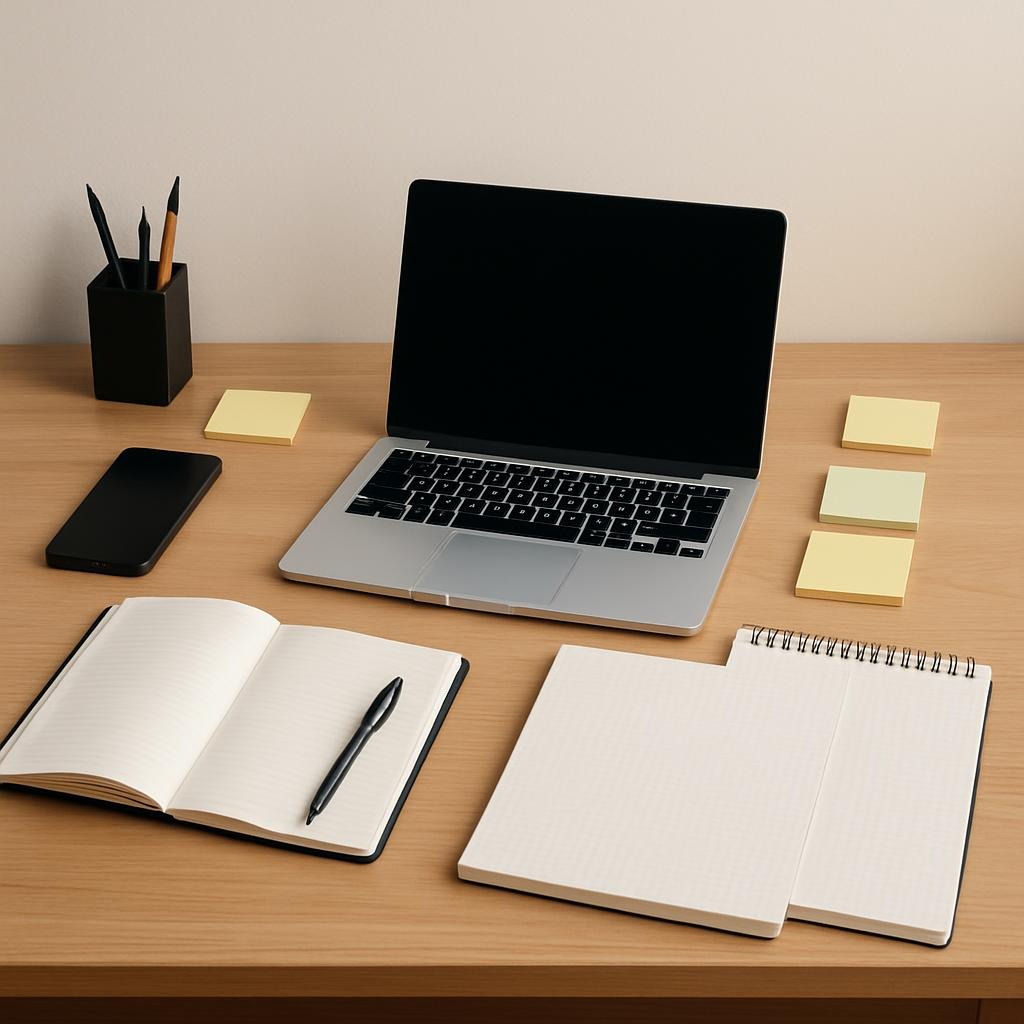 A minimalist desk with notebooks, tech, post-its — organized but alive.