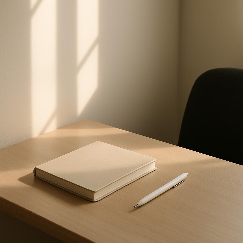 A minimal workspace with closed notebook and soft light